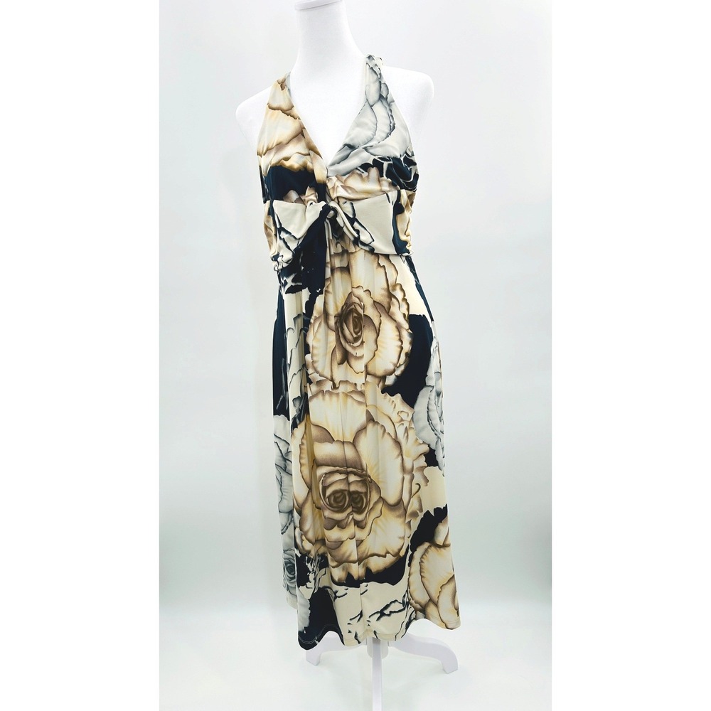 Newport News Halter Maxi Dress L Floral Beige Black Stretch Boho Coastal Chic - Picture 3 of 10
